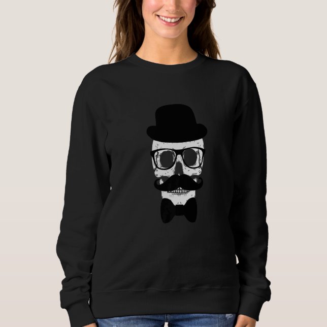 Skeleton Head Skull With Fake Mustache Hat Glasses Sweatshirt (Front)