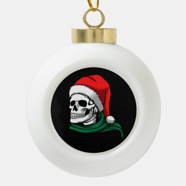 Skeleton Head with a Stocking Hat on a  Ceramic Ball Christmas Ornament (Front)