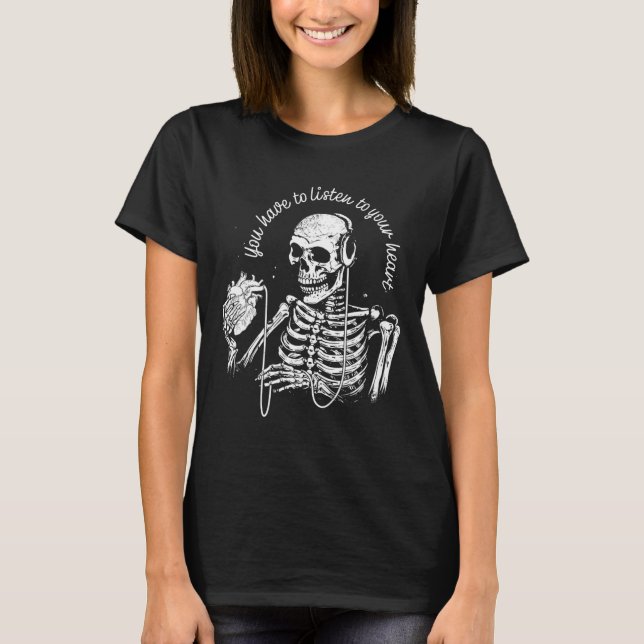Skeleton Headphones Heart Gothic Music Halloween S T-Shirt (Front)