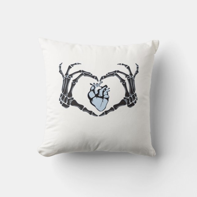 Skeleton Heart Hands Clean Graphic Mood Throw Pillow (Front)