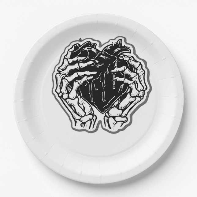 Skeleton Heart Hands Funny Paper Plates (Front)