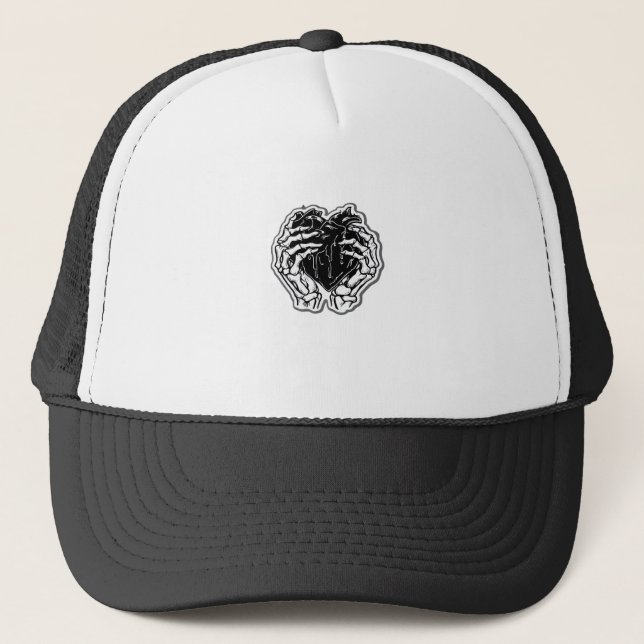 Skeleton Heart Hands Funny Playful Mood Trucker Hat (Front)