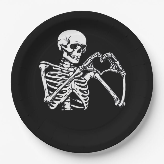 Skeleton Heart Hands Sign Halloween Costume Trendi Paper Plates (Front)