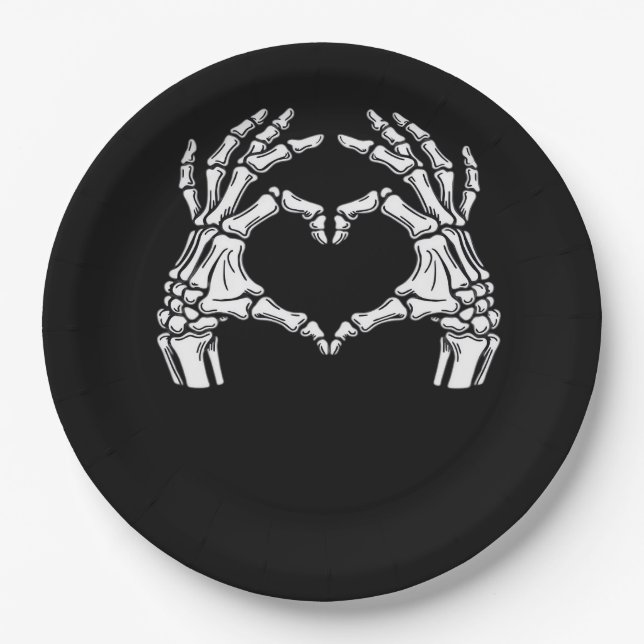 Skeleton Heart Hands Sign Halloween Costume Viral  Paper Plates (Front)