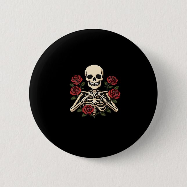 Skeleton Heart Hands With Red Roses – Romantic Got Button (Front)