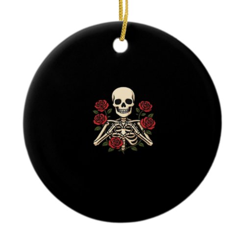 Skeleton Heart Hands With Red Roses – Romantic Got Ceramic Ornament