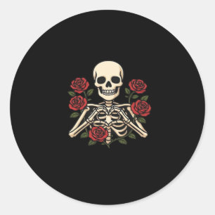 Skeleton Heart Hands With Red Roses – Romantic Got Classic Round Sticker