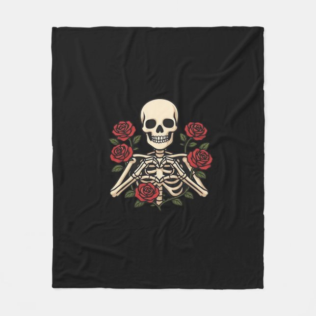 Skeleton Heart Hands With Red Roses – Romantic Got Fleece Blanket (Front)