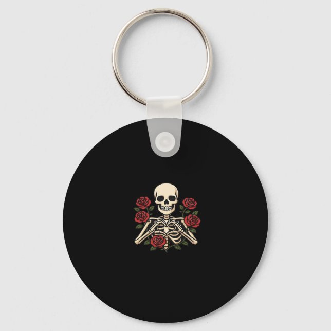 Skeleton Heart Hands With Red Roses – Romantic Got Keychain (Front)