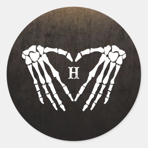 Skeleton Heart Monogram Goth Halloween Wedding Classic Round Sticker