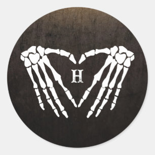Skeleton Heart Monogram Goth Halloween Wedding Classic Round Sticker