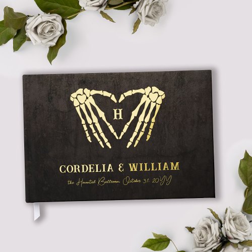 Skeleton Heart Monogram Goth Halloween Wedding Foil Guest Book