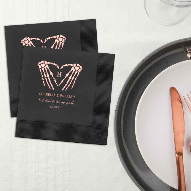 Skeleton Heart Monogram Goth Halloween Wedding Foil Napkins (Creator Uploaded)