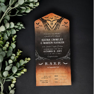 Skeleton Heart Monogram Halloween Goth Wedding All In One Invitation