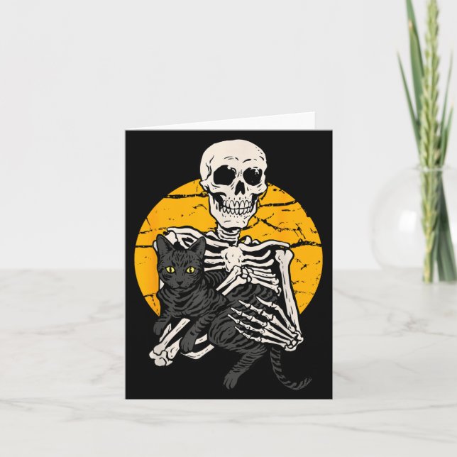 Skeleton Holding A Black Cat Funny Halloween Cat Card (Front)
