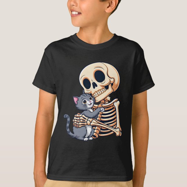 Skeleton Holding A Cat Cute Halloween Costume Skul T-Shirt (Front)