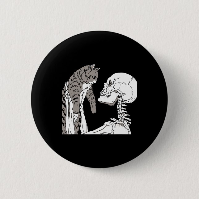 Skeleton Holding A Cat Lazy Halloween Costume Skul Button (Front)