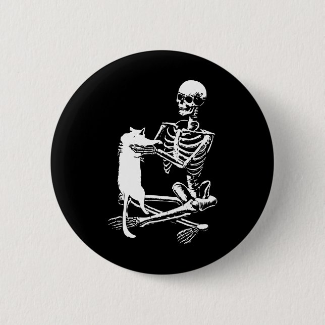 Skeleton Holding A Cat Lazy Halloween Costume Skul Button (Front)