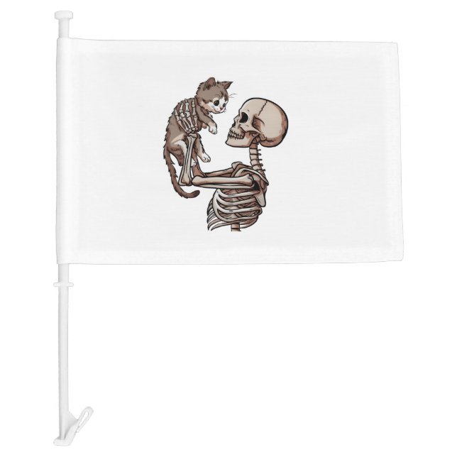 Skeleton Holding a Cat Lazy Halloween Costume Skul Car Flag (Front)
