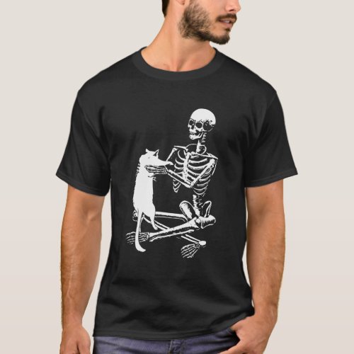 Skeleton Holding A Cat Lazy Halloween Skull T_Shirt