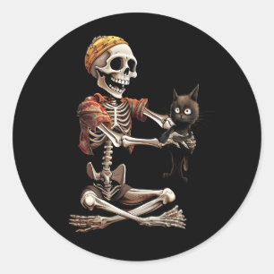 Skeleton Holding A Cat Lover Lazy Halloween Costum Classic Round Sticker