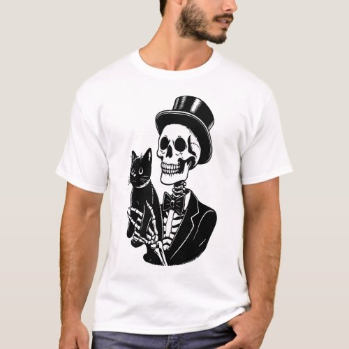 Skeleton holding a Cat T_Shirt