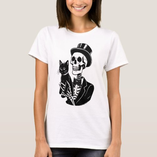 Skeleton holding a Cat T_Shirt