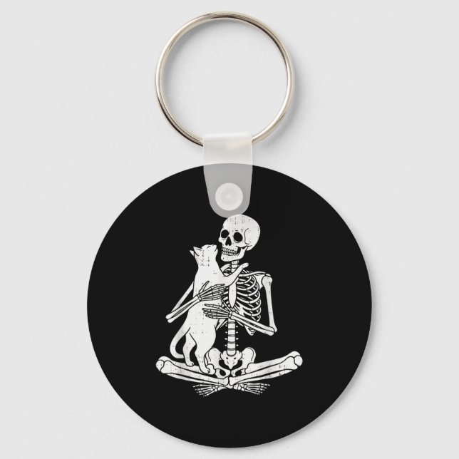 Skeleton Holding Cat Funny Soky Halloween Meow Kit Keychain (Front)