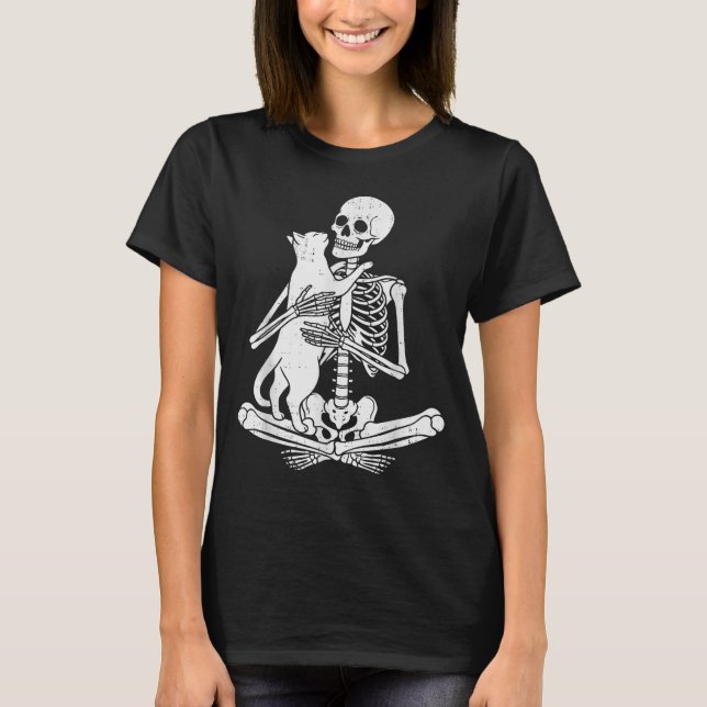 Skeleton Holding Cat Funny Soky Halloween Meow Kit T-Shirt (Front)
