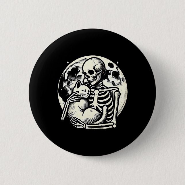 Skeleton Holding Cat Spooky Skull Halloween Gothic Button (Front)