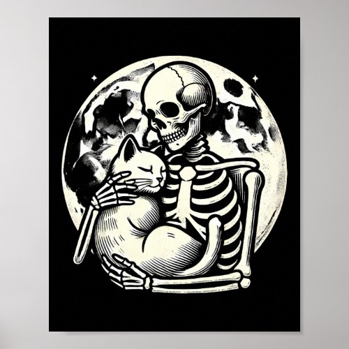 Skeleton Holding Cat Spooky Skull Halloween Gothic Poster