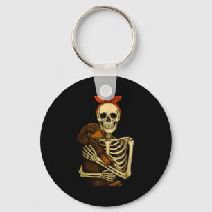 Skeleton Holding Dachshund Dog Funny Lazy Hallowee Keychain