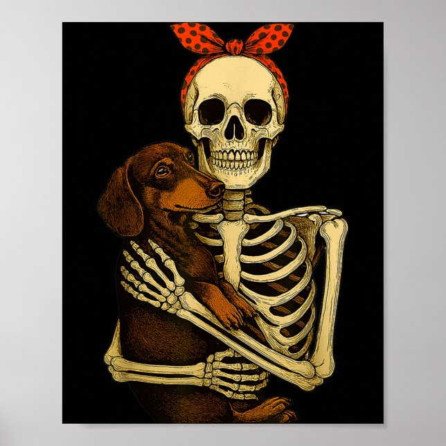Skeleton Holding Dachshund Dog Funny Lazy Hallowee Poster (Front)