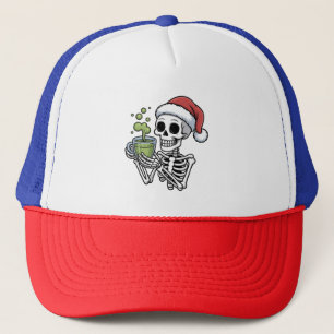 Skeleton Holding Matcha Drink Wearing Santa Hat