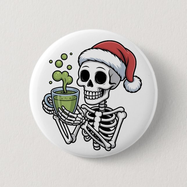 Skeleton Holding Matcha Drink Wearing Santa Hat Button (Front)