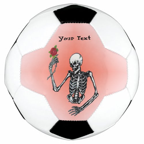 Skeleton Holding Red Rose on Stem in Raised Hand Soccer Ball