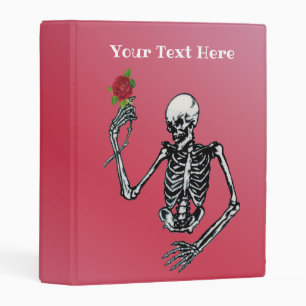 Skeleton Holding Red Rose on Stem on Red Pink Mini Binder