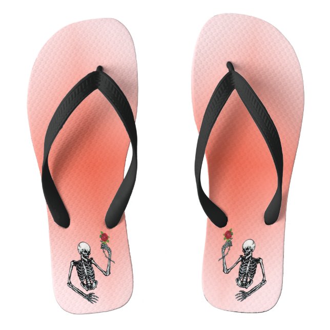 Skeleton Holding Red Rose on Stem Pink Red Flip Flops (Footbed)