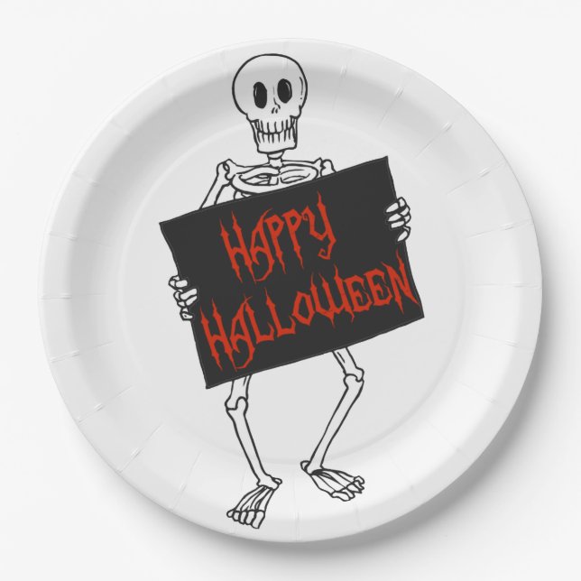 Skeleton Holding Sign Happy Halloween Paper Plates (Front)