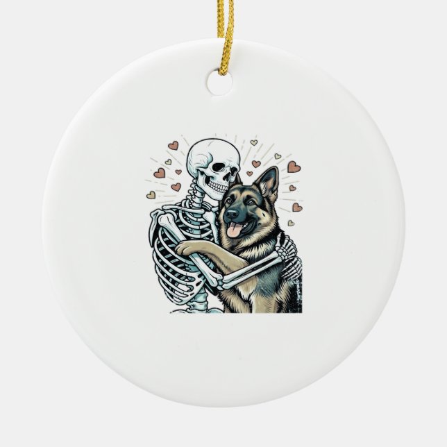 Skeleton Hugging a German Shepherd � Unique Gothic Ceramic Ornament (Front)