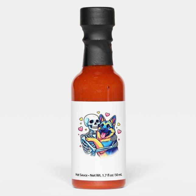 Skeleton Hugging a German Shepherd � Unique Gothic Hot Sauces (Front)