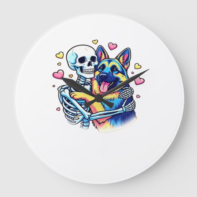 Skeleton Hugging a German Shepherd � Unique Gothic Large Clock (Front)