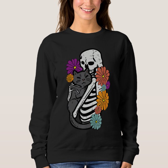 Skeleton Hugging Black Cat Flowers Halloween Women Sweatshirt (Front)