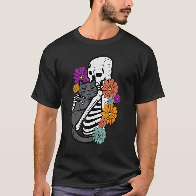 Skeleton Hugging Black Cat Flowers Halloween Women T-Shirt (Front)