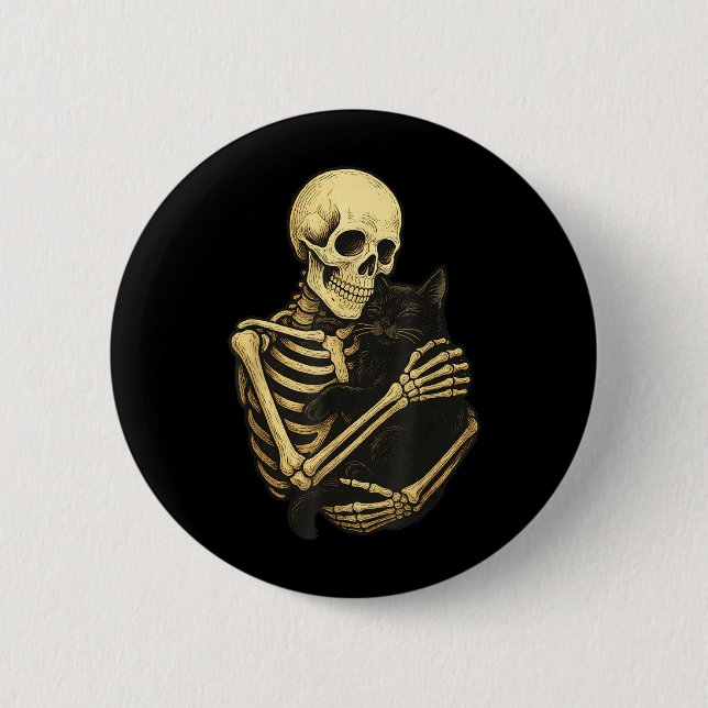 Skeleton Hugging Black Cat Funny Halloween Button (Front)