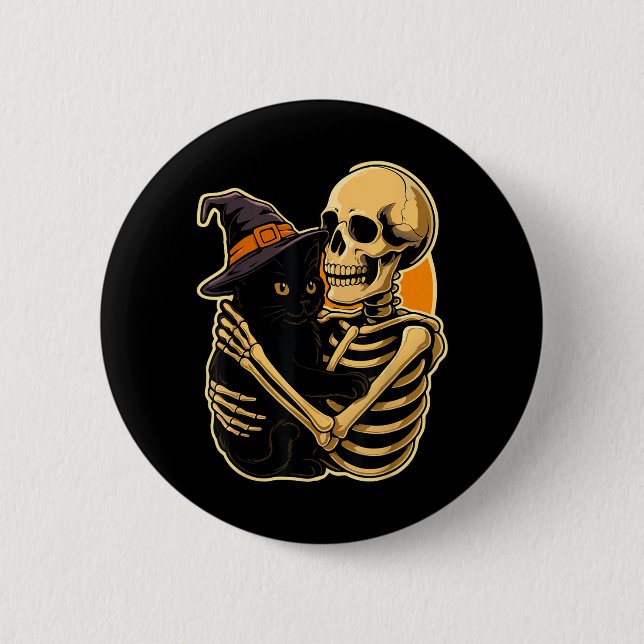 Skeleton Hugging Black Cat Halloween Cute Witch Button (Front)