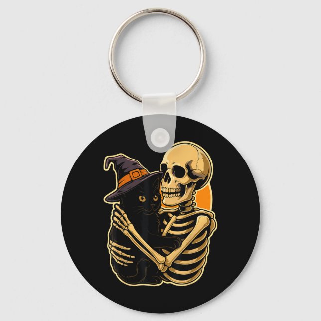 Skeleton Hugging Black Cat Halloween Cute Witch Keychain (Front)
