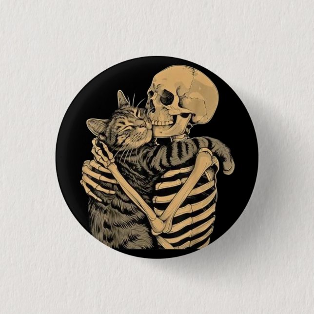  Skeleton Hugging Cat – Cute Gothic Cat Lover Gift Button (Front)