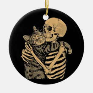  Skeleton Hugging Cat – Cute Gothic Cat Lover Gift Ceramic Ornament