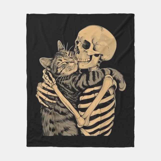  Skeleton Hugging Cat – Cute Gothic Cat Lover Gift Fleece Blanket (Front)